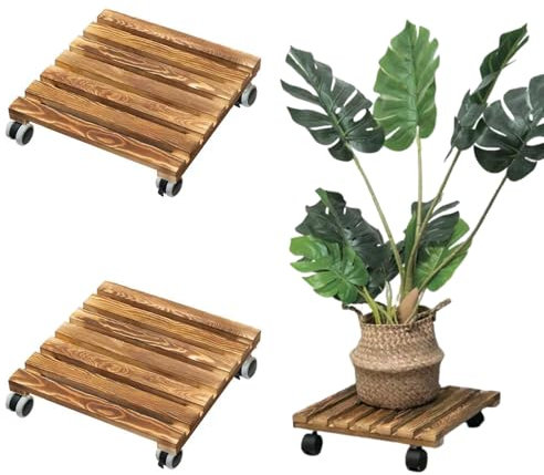 Soporte para Plantas de Madera de 2 Piezas con Ruedas Soporte para Plantas Con Ruedas de Alta Resistencia de 25 Cm Adecuado para el Transporte de Macetas, Marrón, Cuadrado