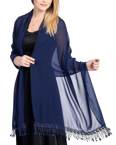 Atxnn Chal Mujer de Gasa Borlas Bufanda Elegante Fulares para Fiesta Vestido Boda Novia Dama Chales Larga de Otoño Primavera Estolas, AZUL NAVY