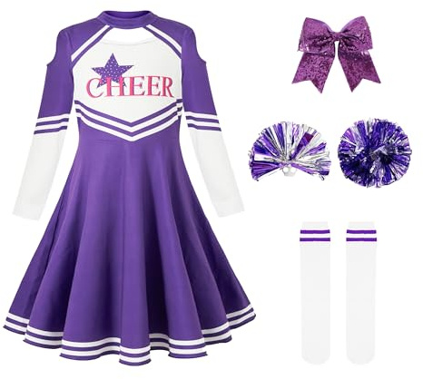 LOLANTA Girls Cheerleader Costume Kids Long Sleeve Halloween Cheerleader Outfit with Pompoms, High School Musical Costume for Girls 5-15 Years
