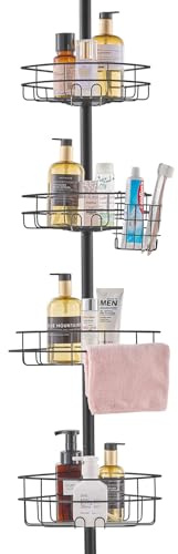 VEVOR Corner Shower Caddy Tension Pole, 4 Tier Adjustable Rustproof Organizer Shelves for Bathroom & Washroom, 42-114inch High, Black
