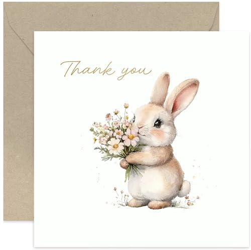 Sweet Thank You Card for Female Friend, Cute Bunny Rabbit Holding Flowers, Simple Contemporary Design, Premium Thankyou Gifts for Friends and Family sister Colleague Doctor Teacher