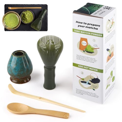 Matcha Kit 4 pezzi Matcha Set, Kit Matcha, include frusta Matcha in resina, cucchiaio tradizionale, cucchiaio da tè, supporto per frusta Matcha, il set perfetto per preparare una tazza, Blu sfumato