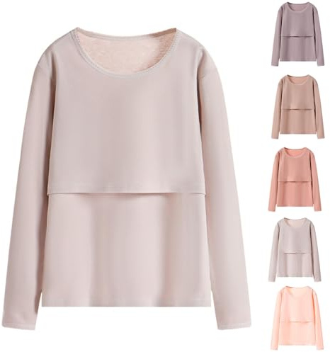 Camisetas de lactancia de manga larga para mujer, ropa interior cálida, ropa interior de doble capa, camiseta de maternidad posparto, camiseta de maternidad, beige, XXL