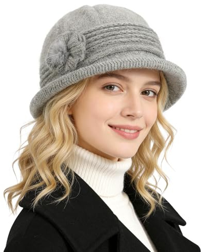 AYPOW Women Winter Warm Wool Hat, Double Layer Thicken Floral Fedora Cap, Classic Roll Brim Foldable Knitted Bowler Hat Cap, Ladies Mom Daily Wear Light Gray