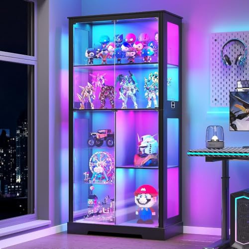 Gurexl 70.9 ” Stand RGB Glass Display Cabinets with Lock for living,Black