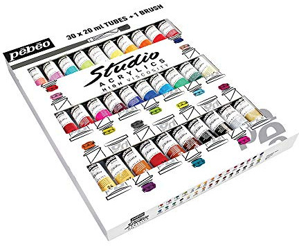 Pebeo 833431 20 ml Studio Acrylics Assorted Tubes with Brush, Set of 30