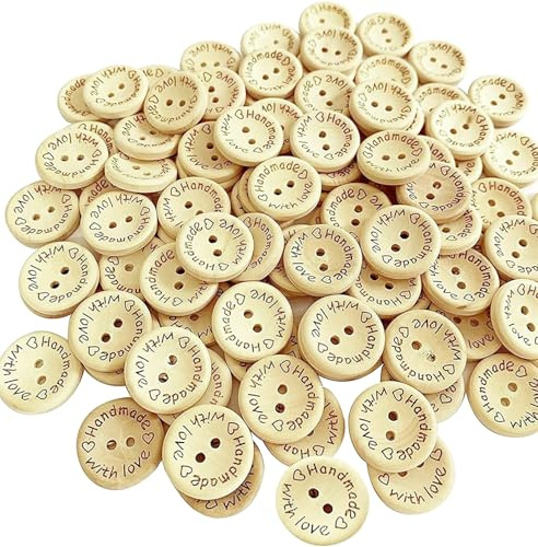 100PCS Wood Buttons for Sewing and15mm Crafting Handmade with Love Wooden Button