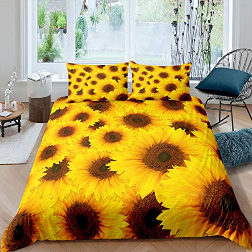 Loussiesd Sunflower Comforter Cover Set Yellow Flowers Printed Bedding Set Botanical Floral Duvet Cover Set for Kids Women Adults Plants Nature Quilt Cover Bedroom Collection 2Pcs Single Size
