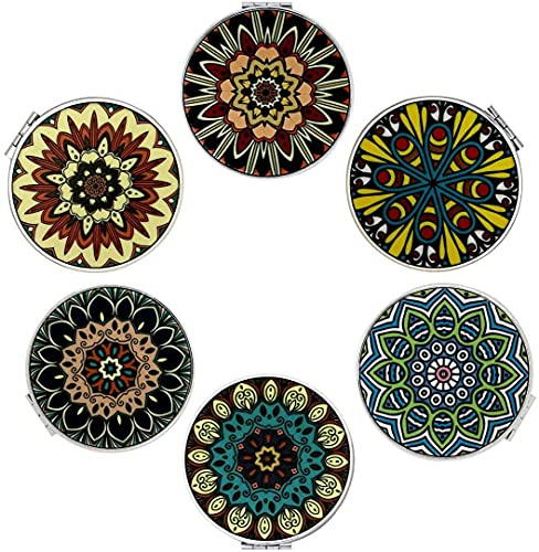 Beaufy - Juego de Espejo pequeño Compacto para Maquillaje con Espejos de Bolsillo, Bolsa de Aumento de Viaje, de Mano, Redondo, Vintage, con Aumento, 1 2 Unidades, diseño de Mandala en Relieve, para