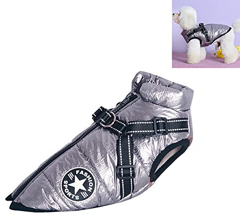 Nyescasa Hundejacke mit Geschirr, Reflektierend Wasserdichter Hund Winterjacke für Kleine Mittlere Große Hunde, Maschinenwaschbarer Hundeweste für Französische Bulldogge Chihuahua(2XL, Silber-Grau)