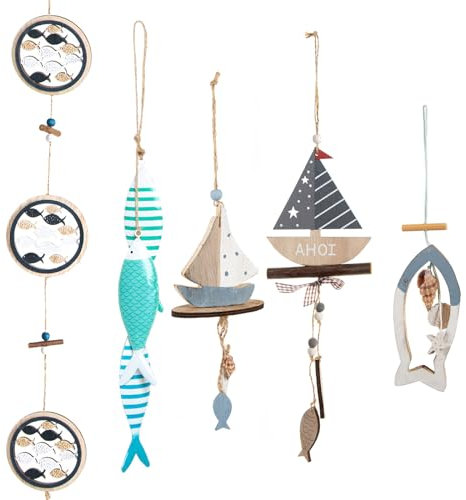 Logbuch-Verlag - Set di 5 ciondoli a forma di pesce, ancora, barca a vela, faro AHOI, in legno e metallo, decorazione marittima da appendere