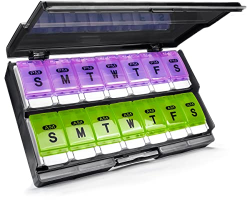 Extra Large Weekly Pill Organizer 2 Times a Day - Remtise Am/Pm Daily Pill Case Medicine Organizer, Push Button 7 Day Pill Box for Pills/Vitamin/Cod Liver Oil/Supplements (Purple & Green)