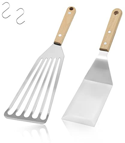 2pcs Fish Spatula, TACYKIBD Stainless Steel Spatula Turner with Wooden Handle and Hooks, 12 Inch Slotted Metal Spatula for Flipping Frying Grilling Cooking Fish Eggs Meat French Fries
