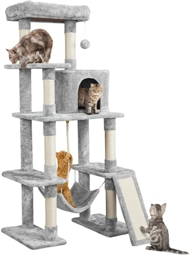 Yaheetech Arbre à Chat XXL 160 cm, Tour pour Chats Maine Coon 10 kg, avec 8 Griffoirs/Grande Niche/Perchoir/Hamac/Pompon/Corde, Anti-Basculement, Gris Clair