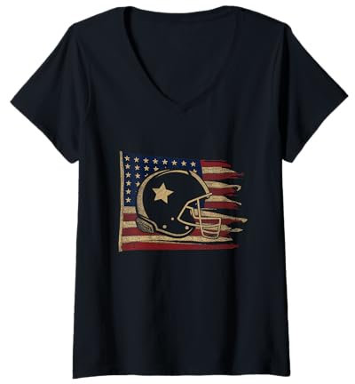 Damen Vintage American Football Helm amerikanische Flagge T-Shirt mit V-Ausschnitt