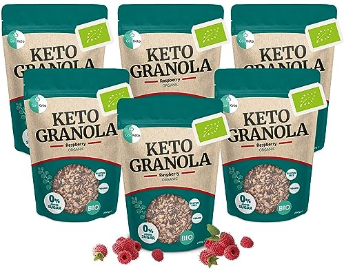 Go-Keto BIO Keto Granola Raspberry 6x 290g - Low Carb Keto Muesli para un delicioso desayuno keto, con chips de coco, nueces, frutas, semillas de girasol y de calabaza, vegan, sin gluten, sin lactosa