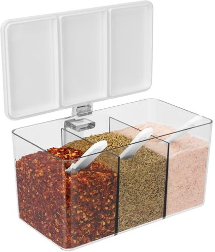 BELLE VOUS Gewürzdose mit Griff und Deckel - 500 ml Gastro Behälter mit 3 Fächern - Küchenorganizer mit Löffeln - Für Salz, Zucker, Gewürze oder Kräuter - Pizza Zutatenbehälter Box mit Deckel