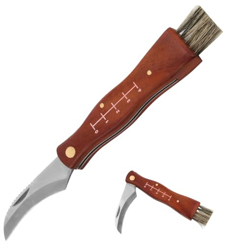Catime Pilzmesser mit Bürste, Gartenmesser, Klappbares Kleines Taschenmesser, Outdoor Messer mit Holzgriff, Folding Small Pocket Knife, Klappmesser für Pilzesammeln, Schwammerlmesser mit Pinsel