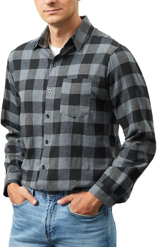 Yukiuiny Camicia Flanella a Quadri 100% Cotone per Uomo Maniche Lunghe - Blusa Casual con Chiusura a Bottoni(Grigio-Nero),L