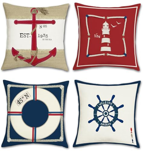 Bonhause Nautical Cushion Covers 45 x 45 cm Anchor Lighthouse Decorative Throw Pillow Covers Red Navy Blue Pillowcases for Sofa Bed Home Outdoor Decor Set of 4