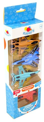 FLYPOP'S - 4 Avions De Chasse - Die CAST - 027713 - Couleur Aléatoire - Métal - Véhicule à Rétrofriction - Jouet Enfant - Cadeau - Anniversaire - 10 cm - À Partir de 3 Ans