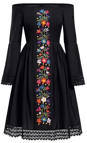 Damen mexikanisches traditionelles Volkskleid, lange Glockenärmel, schulterfrei, Blumenstickerei, Rüschenkleid, Cinco de Mayo, Schwarz, Klein