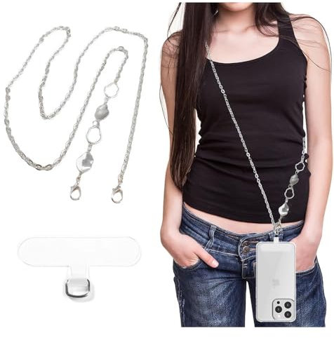 TOEECY Cordón Cadena Cruzado Móvil Corazón Metálico Colgante Soporte Teléfono Ajustable Correa Desmontable Plateado