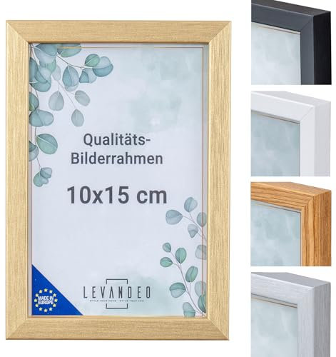 levandeo Bilderrahmen Echtholz Made in EU 10x15 Gold mit Glasscheibe Portrait Fotorahmen Holz Kiefernholz Picture Frame