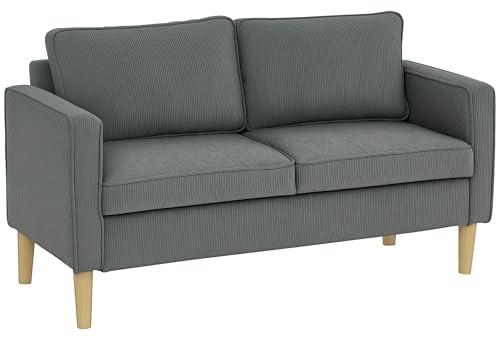 HOMCOM Divano 2 Posti Moderno in Tessuto con Braccioli e 2 Cuscini Rimovibili, Divanetto 2 Posti con Spazio Portaoggetti e Gambe in Legno per Soggiorno, Salotto, Casa e Ufficio, 140x63x79 cm, Grigio