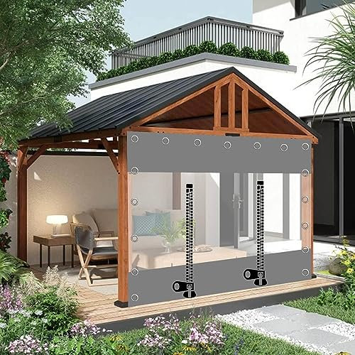 Clear Tarp CurtainsGrey Transparent Outdoor Tarpaulin Side Panels Waterproof PVC Cover Sheet Rain Shield with Zip Door (11.8x6.6ft 3.6x2m) for Patios & Garages