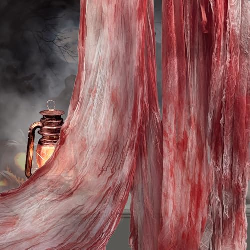 WOUMON Tela Decorativa de Halloween, 115 x 600 cm Paño de Sangre de Halloween, Tela Espeluznante para Decoración de Fiestas, Interiores y Exteriores (Rojo)