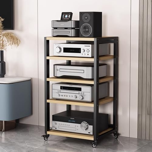 Genérico Gabinete de Almacenamiento de Medios industriales con 4 estantes y Ruedas, Estante de Escalera de Esquina para Consolas de Juegos, Apple TV, PS4 - Soporte de Audio y Video Negro y Madera.
