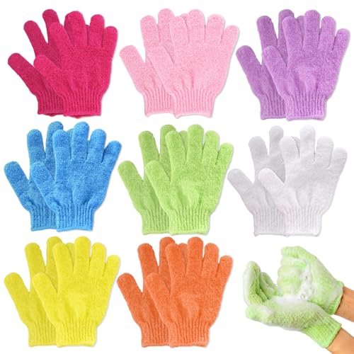 PLATEYTR Guantes exfoliantes de bambú 8 Pares Multicolor, Guantes de baño exfoliantes para Ducha, Talla única, exfoliador Corporal Suave y elástico para Mujer, Hombre y niños, Uso Diario y SPA