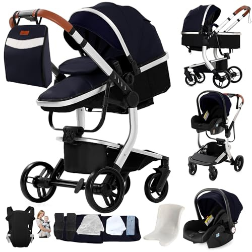 Veitoalioy PU Läder 3-i-1 Babyvagn, Bärbar Vikbar Barnvagn, Barnvagn med Hög Utsikt Kan skjutas framåt och bakåt, Multifunktionell Babyvagn (M518 Silver Blå)