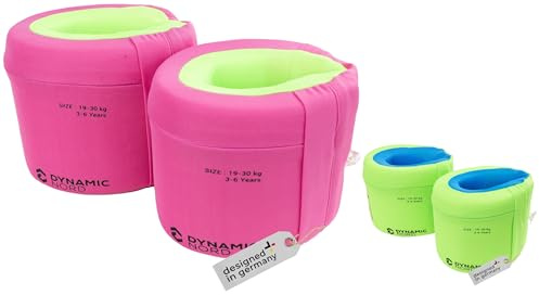 DynamicNord - Premium Schwimmhilfe für Kinder - Designed in Germany - Gr. S = 15-19kg (Alter ca. 2-3 Jahre) / Gr. M = 19-30kg (Alter ca. 3-6 Jahre) (Pink/Grün, S = 15-19 KG (Alter ca. 2-3 Jahre))