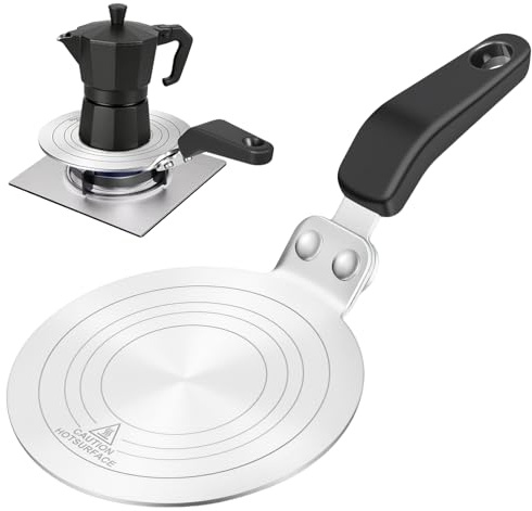 Piastra convertitore per piano cottura a induzione, piastra a induzione per moka, 20 cm, con manico resistente al calore, piastra diffusore di calore per induzione/gas, adattatore termico in acciaio