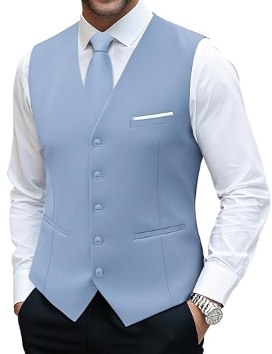 Barry.Wang Men's Formal Suit Vest and Tie Set Business Dust Blue Waistcoat