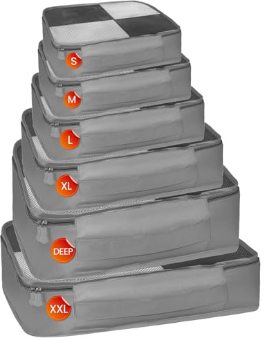 Koffer Organizer von S bis XXL - 6 Packing Cubes in verschiedenen Größen, Maschinenwaschbarer & Wiederverwendbarer Packwürfel Grau