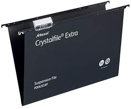 Rexel Foolscap Heavy Duty Suspension Files with Tabs and Inserts for Filing Cabinets, 15 mm base, Polypropylene, Black, Crystalfile Extra, Pack of 25, 3000080