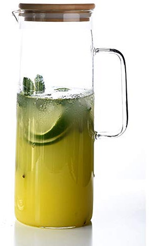 TAMUME 1.5 Litros Jarra de Agua con Tapa de Bambú, Jarra de Vidrio de Diseño Recto Jarra Agua Cristal