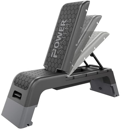 Power Systems Step Bench & Weight Bench | Aerobic Platform & Plyo Box for Cardio, Strength | Commercial Grade Full Body Home Gym Stepper | Adjustable Multifunctional Deck & Resistance Band Clips