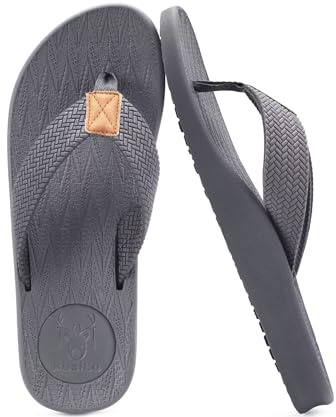 KuaiLu Mens Flip Flops Arch Support Thong Sandals Leather Walking | Comfortable Cushion Waterproof Lightweight Yoga Foam Summer Beach Slip on Slippers