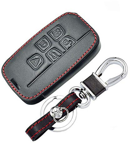 Happyit Leather Car Key Cover Cases for Land Rover A9 Range Rover Sport Evoque Freelander 2 Jaguar XE XJ XJL XF C-X16 V12 Guitar F X Typ 5 Buttons