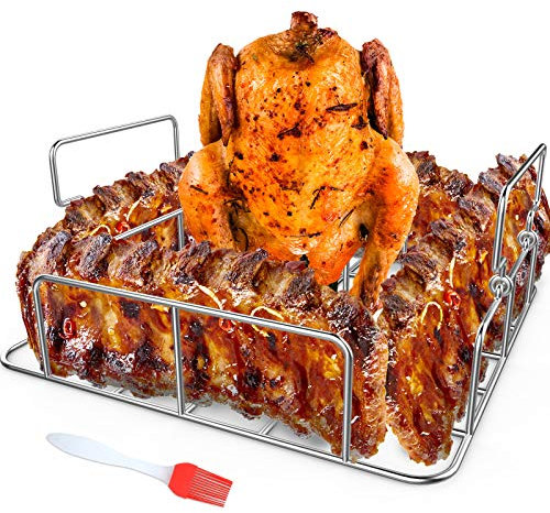 RUSFOL Beercan Hähnchenbräter und Rippenrost mit Silikon-Ölbürste, quadratischer Edelstahl-Grillständer für Smoker, Ofen und Grill, Kochen Sie bis zu 4 Rippen und EIN ganzes Huhn gleichzeitig