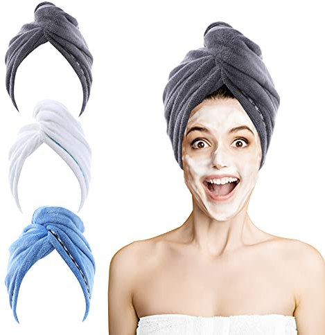 ROSSHINE Microfaser Handtücher für die Haare, 3 Stück 65x25cm Haarturban Weiches und Anti-Frizz Haartuch mit Knopfdesign Superabsorbierender Schnell Trocknendes Haarhandtuch für Alle Haartypen