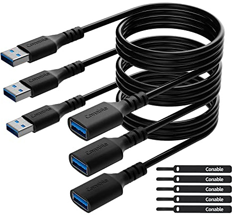 3 Pack USB 3.0 Extension Cable 2 FT, Short USB A Male to Female Extender Cord, 5Gbps Data Transfer for Webcam, Printer, Keyboard, Flash Drive, Hard Drive, Controller, Black Cable with 5 Cable Ties