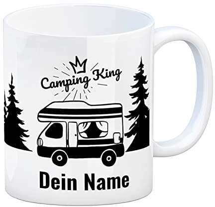 Camping King oder Queen - eine personalisierte Campingwagen Tasse für Camper und Kaffeetrinker auf Campingplatz individualisiert mit deinem Namen und Campervan oder Zelt für echte Dauercamper