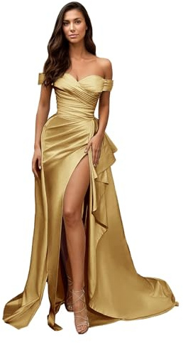 V-Neck Prom Dresses Long Ball Gown with Train Mermaid Off Shoulder Satin Split Evening Formal Dress for Women Gold 18 Plus Size DR0045