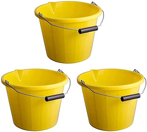 Strong Plastic Builders Bucket Set of 3 - 14L, 3 Gallon Multipurpose Storage Bucket With Metal Handle & Spout - Yellow