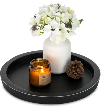 Hanobe Rustic Wooden Serving Tray: Round Wood Decorative Candle Holder Vintage Centerpiece Butler Trays Farmhouse Ottoman Tray for Decor Kitchen Countertop for Home Coffee Table (Black, 1)